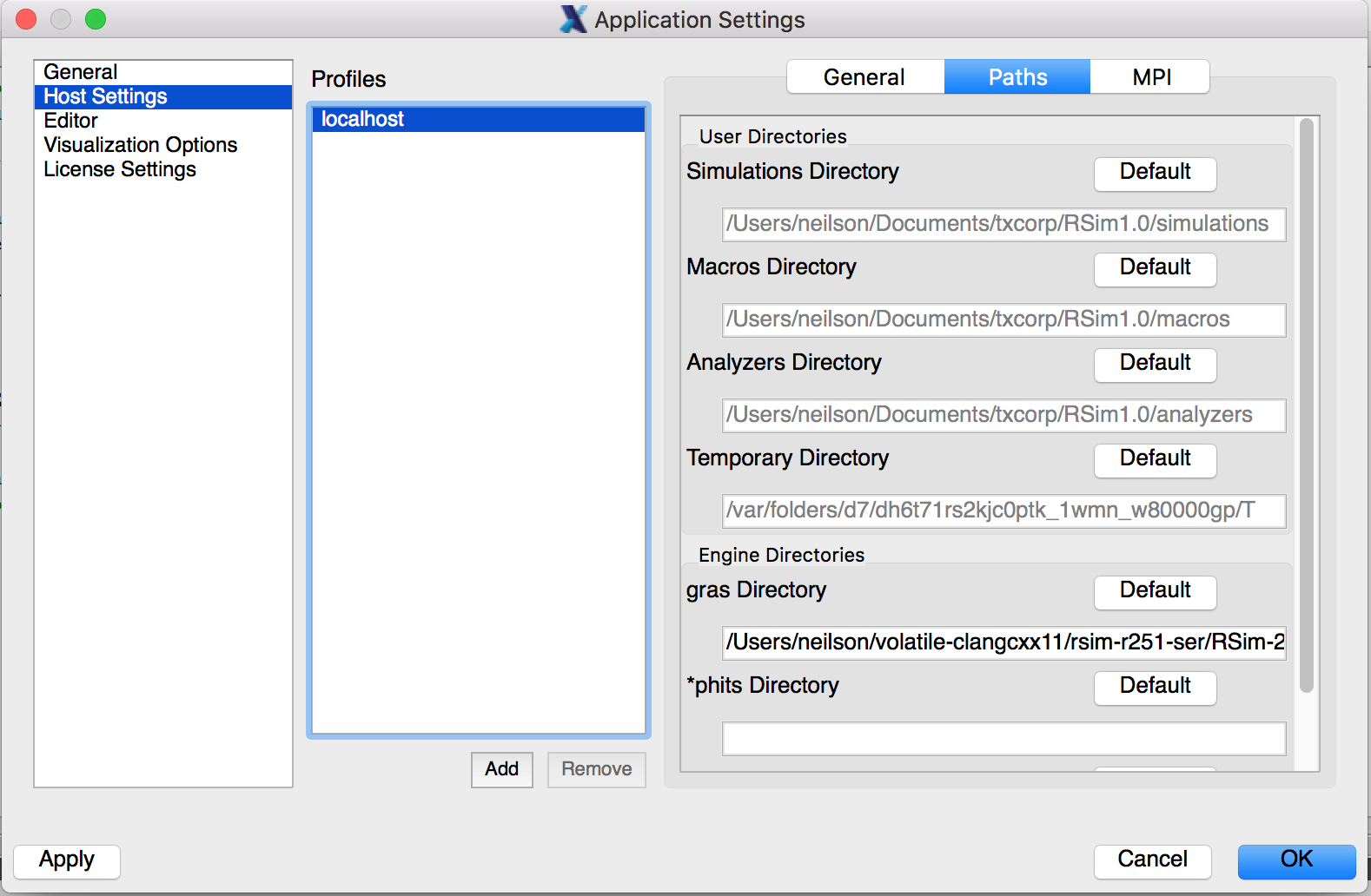 application settings host paths menu
