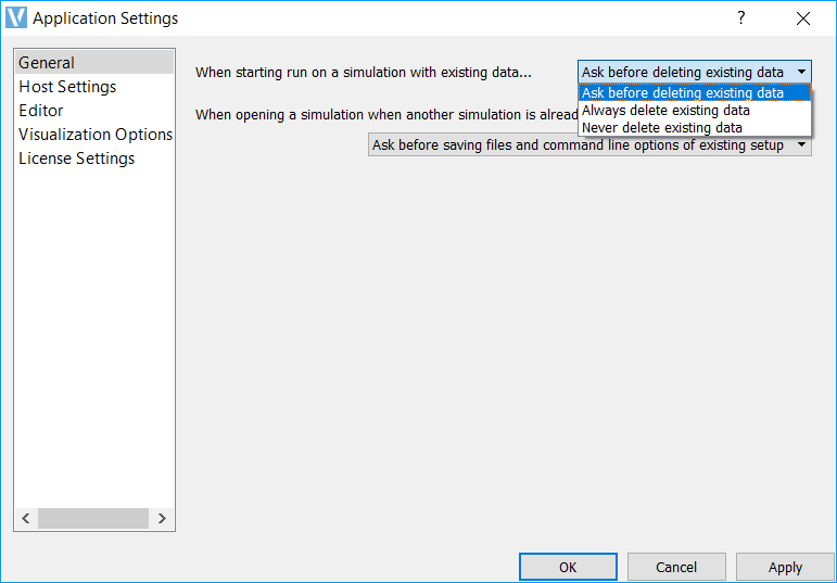 application setting when starting run on a simulation with existing data